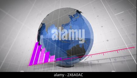 Image of arrow on graph with text in rectangles and flying airplanes around globe Stock Photo