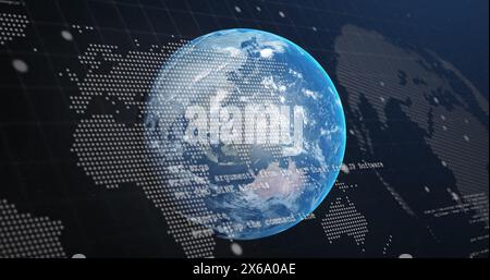 Image of computer language and map over globe against abstract background Stock Photo