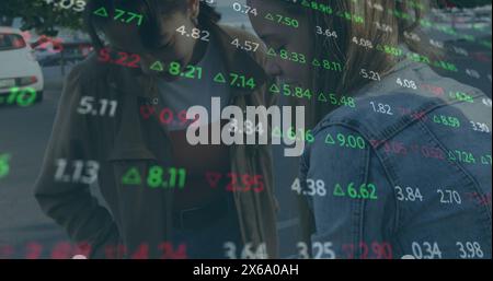 Image of multicolored trading board over diverse female friends looking at smartphone Stock Photo