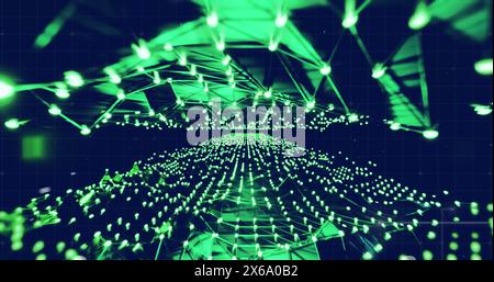 Image of connected dots forming dynamic waves over black background Stock Photo