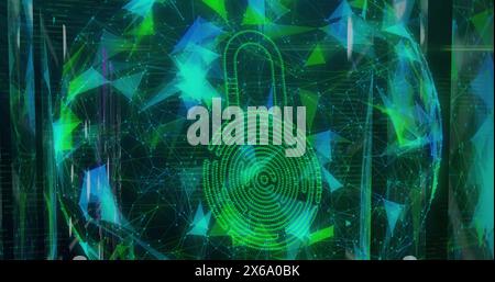 Digital lock glowing in center of abstract network Stock Photo