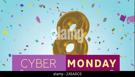 Image of numbers 1 to 10 and words cyber monday with confetti on blue Stock Photo