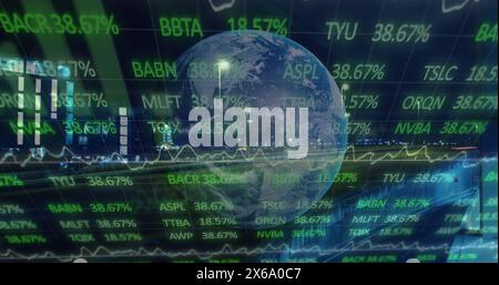 Image of statistics and financial data processing over globe and cityscape Stock Photo