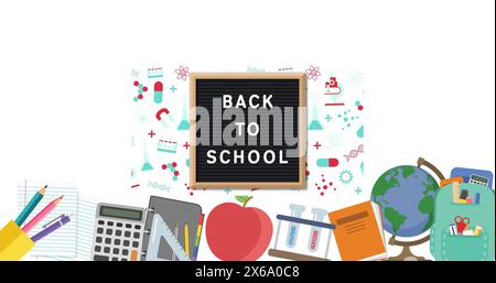 Back to school text on wooden slate against multiple school concept icons on white background Stock Photo