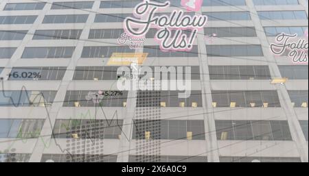 Image of follow us social media text and icons with data processing over modern building Stock Photo