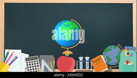 Digital image of spinning globe icon over multiple school concept icons on black board Stock Photo