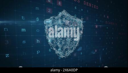 Digital face forming on blue background, displaying SCANNED and ACCESS DENIED Stock Photo