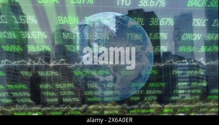 Image of statistics and financial data processing over globe and cityscape Stock Photo