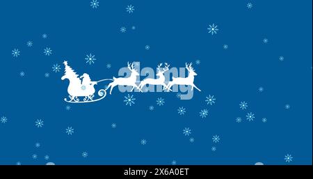 Image of falling snow over santa claus in sleigh with reindeer Stock Photo