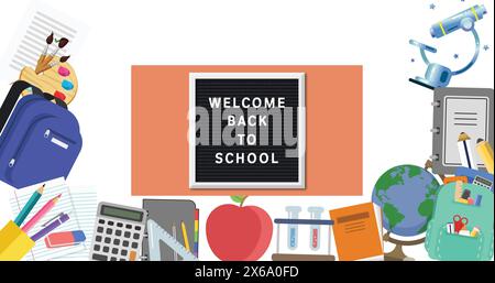 Back to school text on wooden slate against multiple school concept icons on white background Stock Photo