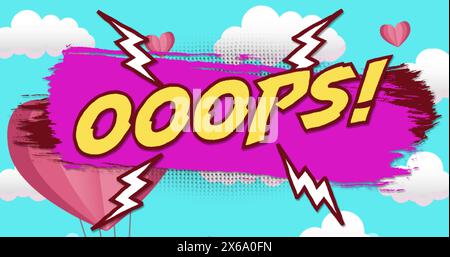 Image of the word oops in yellow with floating heart balloons and gift on blue sky Stock Photo