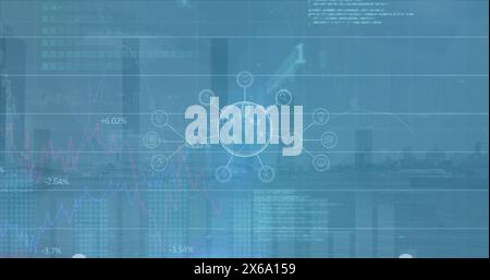 Image of financial graphs and data over navy digital screen with globe and cityscape Stock Photo