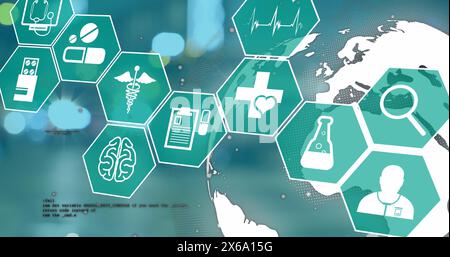 Image of hexagons with medical icons over globe on green background Stock Photo