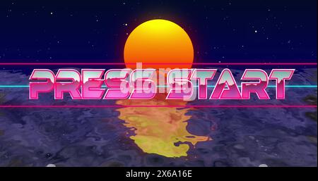 Image of press start text over sea and sun Stock Photo