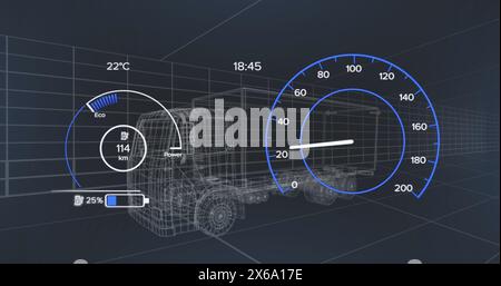 Image of 3d car model and speedometer over dark background Stock Photo