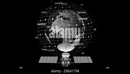 Image of satellite over globe and numbers processing on black background Stock Photo