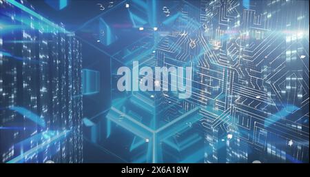 Image of data processing and shapes on blue background Stock Photo