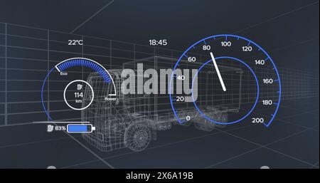 Image of 3d car model and speedometer over dark background Stock Photo