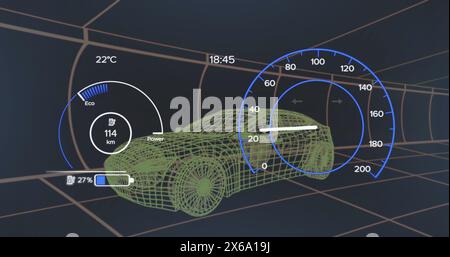 Image of 3d car model and speedometer over dark background Stock Photo