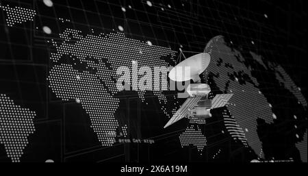 Image of satellite over globe and numbers processing on screens over black background Stock Photo