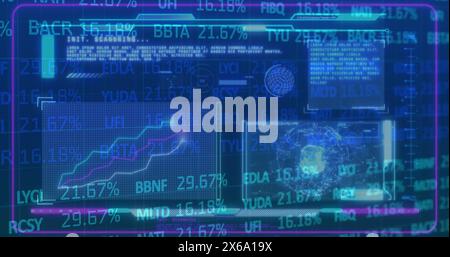Image of financial graphs and data over navy digital screen with diverse data Stock Photo