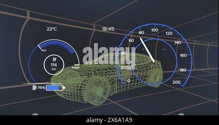 Image of 3d car model and speedometer over dark background Stock Photo