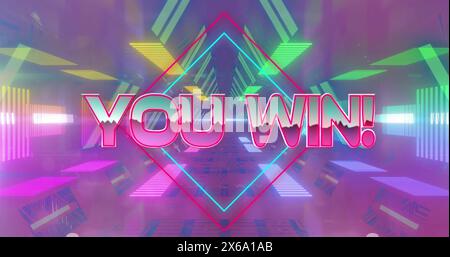 Image of pink metallic text you win over neon tunnel and person man using over person off only Stock Photo