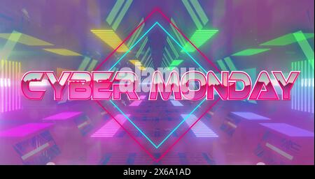 Image of cyber monday banner over neon tunnel in seamless pattern Stock Photo