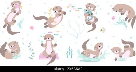 Cute otters characters. Otter poses isolated cartoon set. Funny animals swimming in river or lake, eating and playing. Nature nowaday vector clipart Stock Vector
