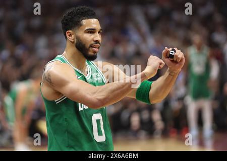 Cleveland, United States. 13th May, 2024. Boston Celtics Jayson Tatum (0) gestures to a referee in the first half of the Eastern Conference semi finals game 4 against the Cleveland Cavaliers at Rocket Mortgage Fieldhouse in Cleveland, Ohio on Monday, May, 13, 2024. Photo by Aaron Josefczyk/UPI Credit: UPI/Alamy Live News Stock Photo