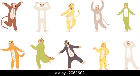 People wear animal pajamas. Cartoon pajama party person. Happy young adult characters in cute costumes, jumping and having fun, snugly vector set Stock Vector