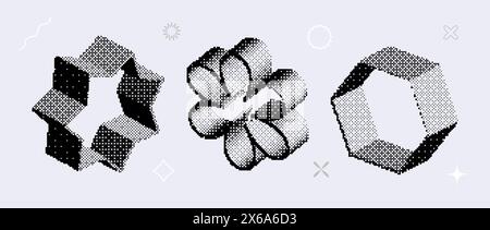 Bitmap textured shape set. Dither halftone objects collection. Black 3d flower, star, hexagon elements for banner, poster, leaflet. Abstract pixelated raster effect bundle. Vector pack Stock Vector