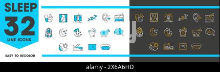 Sleep, dream and nap line icons. Vector bed, pillow, night moon and alarm clock, comfort mattress, sleeping pills, mask, ear plugs and sheep outline symbols. Bad sleep, insomnia and snore zzz signs Stock Vector