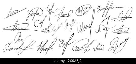 Autograph or business signature of facsimile handwritten by pen, isolated vector set. Name or Surname personal signatures in letters, handwriting ink pen or facsimile fake examples for documents Stock Vector