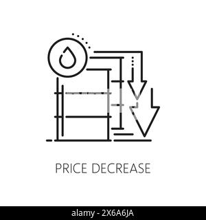 Economic crisis icon of price decrease for oil barrel in global economy downturn, line vector. Stock exchange trade at world crisis with price index decrease in investments and financial recession Stock Vector
