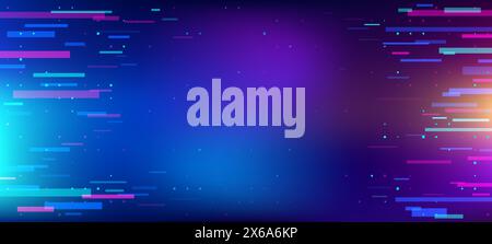 Game background glitch. Vector abstract pattern with digital pixel noise in blue and purple hues. Retro gaming backdrop with data error effect. Static technology texture and gamer no signal graphics Stock Vector