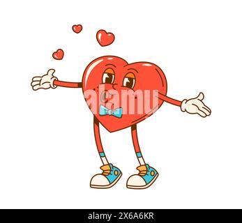 Retro groovy love heart character sending kisses, Valentines Day vector personage. Cute cartoon heart with vintage bow tie and and funny shoes blowing a kiss. Happy smiling emoticon of love and hugs Stock Vector