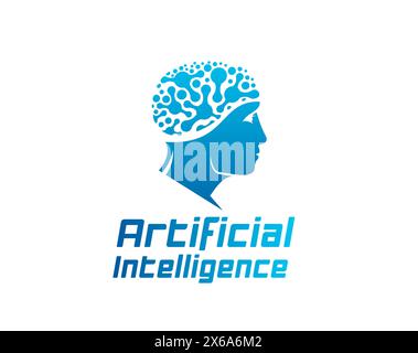 AI artificial intelligence icon, data technology and machine learning. Vector head of robot, cyborg, humanoid bot or human with digital smart brain blue symbol, future technologies and AI assistant Stock Vector