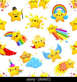 Cartoon cute cheerful kawaii stars and happy twinkles pattern. Fabric print, textile vector pattern or wallpaper backdrop. Wrapping paper seamless background with funny kawaii golden stars characters Stock Vector