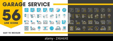 Automatic garage service and parking icons. Line symbols of vector car park slots with bike, bicycle, auto, bus and truck vehicles. Public transport parking area sign, garage lift, ticket, map pointer Stock Vector
