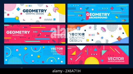 Modern geometric Memphis abstract banners. Horizontal vector cards with vibrant colors, bold patterns and eclectic shapes, creating dynamic and visually striking design that capture vibes of 80s ethos Stock Vector