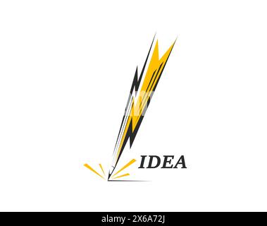 Creative idea pencil icon with lightning arrow for creativity and design studio, vector emblem. Pencil lightning icon with energy blast of creative idea for advertising agency or graphic design badge Stock Vector
