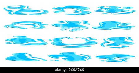 Rain water puddles. Isolated cartoon vector set of blue water splashes with uneven fluid wavy edges and drops. Paint spot, blot, rainwater puddle stains or blobs. Liquid watery wet shapes or leaks Stock Vector