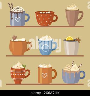 Coffee cups different utensils for hot drinks decorative mugs on kitchen shelves Stock Vector