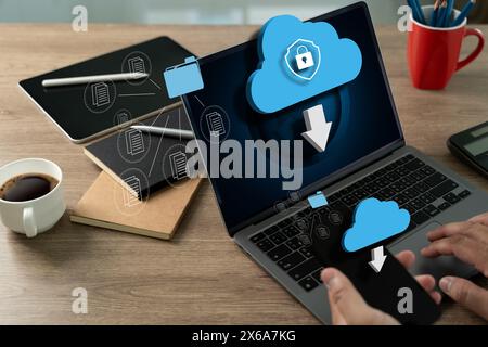 Backup concept Business Transfer files receiver and computer backup copy to Database storage cloud technology Stock Photo