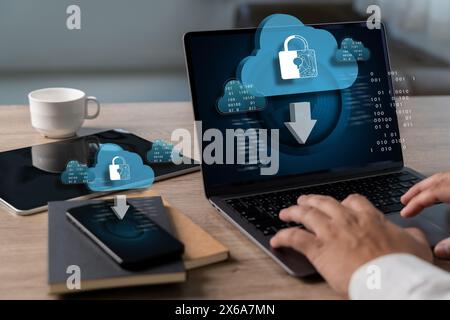 Backup concept Business Transfer files receiver and computer backup copy to Database storage cloud technology Stock Photo