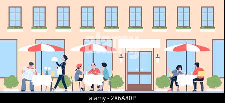 Street summer cafe. Breakfast or dinner in city cafeteria. Seasonal eating in outside restaurant, urban tourism and relax. Recent vector scene Stock Vector
