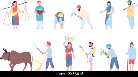 Indian farmers characters. Asian farmers working in field, with animal and different tools. People plantings, seeding, plowing field, recent vector Stock Vector