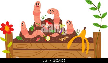 Worms and compost. Cute earthworms in garden soil with organic waste. Cartoon invertebrate characters, insects in ground classy vector recycle scene Stock Vector