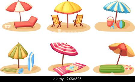 Beach rest scenes. Deck chairs and sun umbrellas stand on sand. Ocean or sea recreation, summer seasonal outdoor activities, nowaday vector set Stock Vector